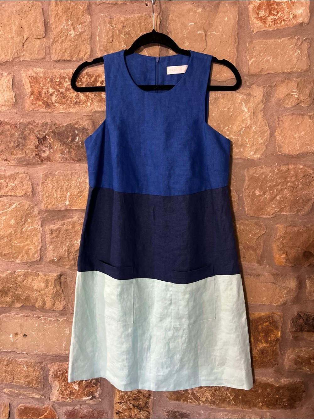 Carleen Linen Colorblock Shift Dress XS Blue Minimalist Designer Coastal Chic